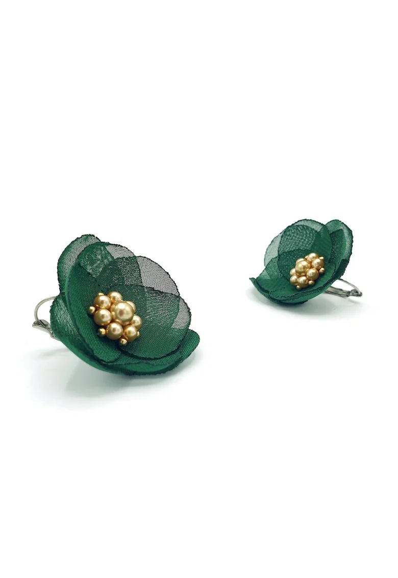 Cercei floare,  Eliza, voal verde, mijloc perle aurii, tortite inox