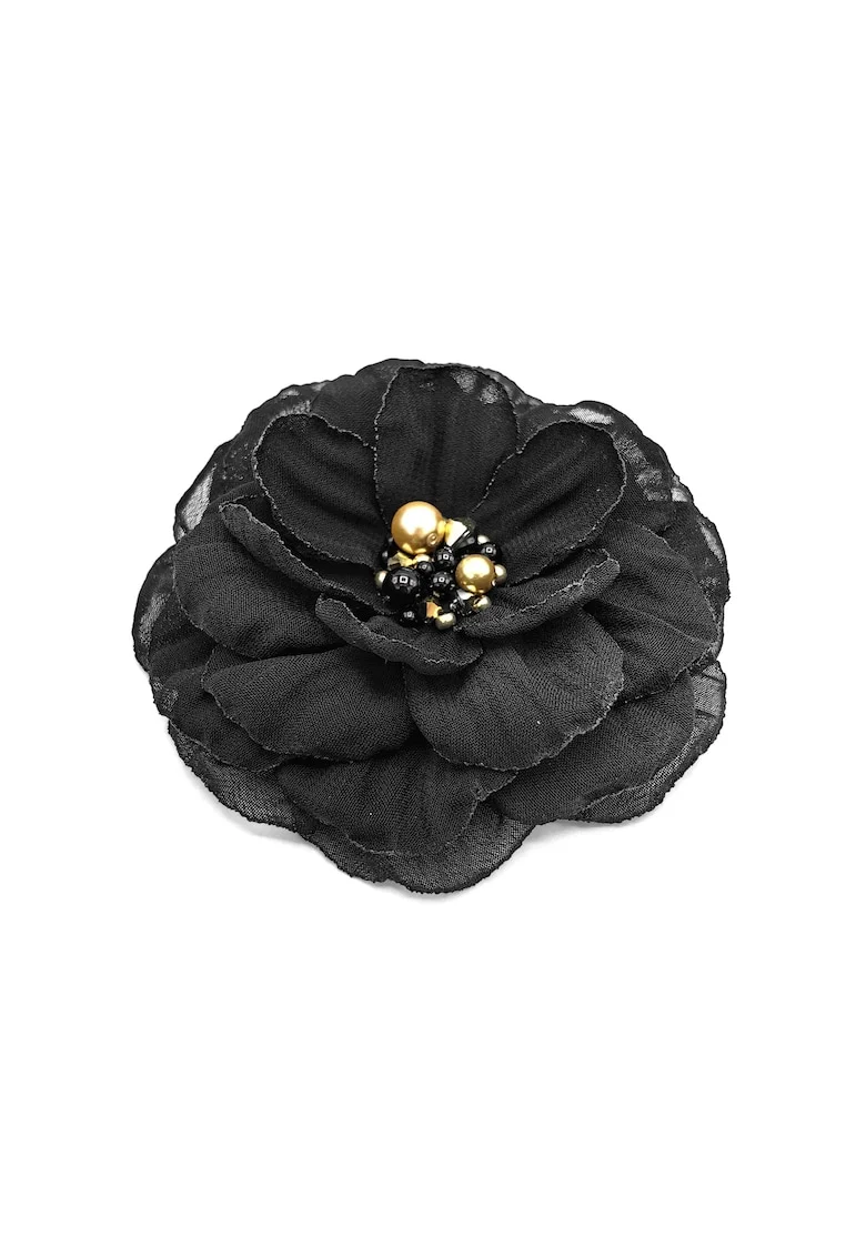 Brosa eleganta floare,  Irina, voal negru, 8.5 cm, mijloc negru cu auriu cu perle si cristale