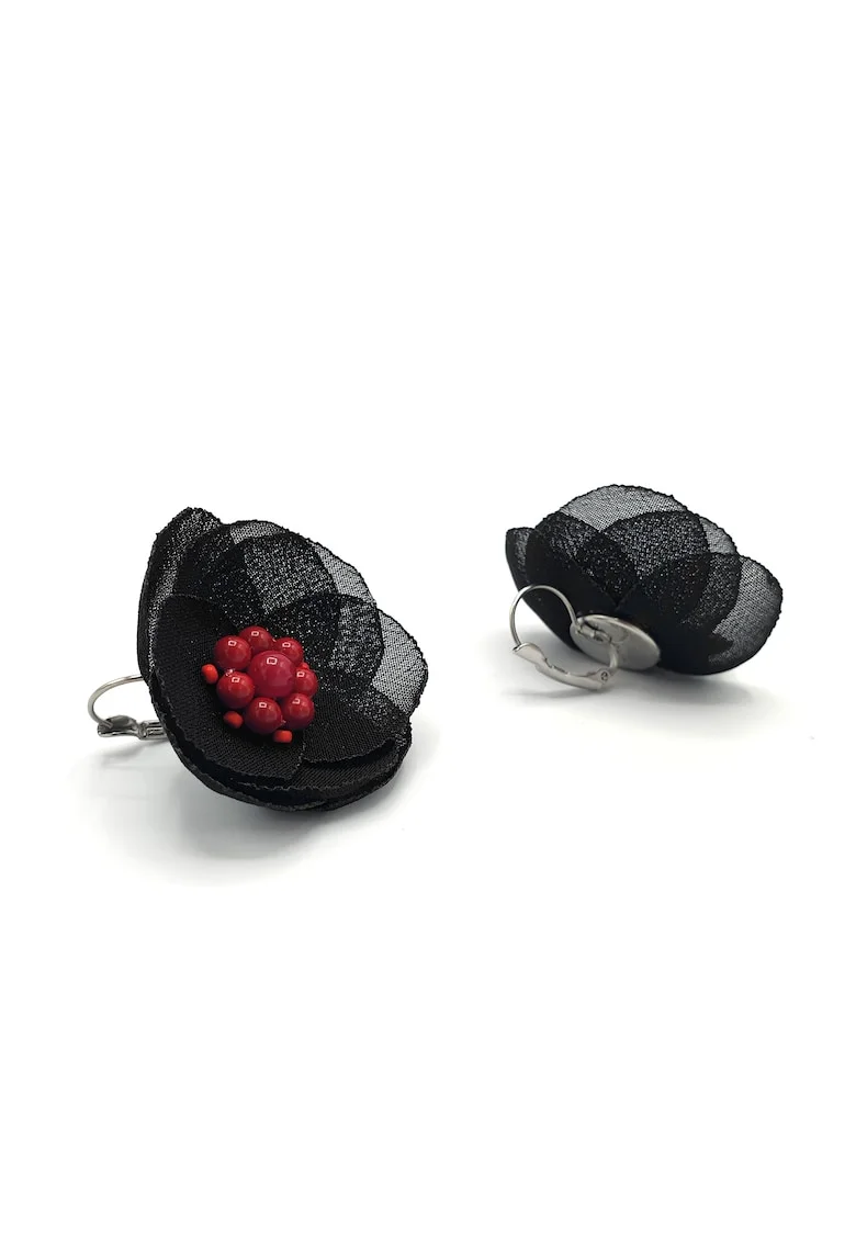 Cercei floare,  Elara, voal negru, mijloc perle rosii, tortite inox