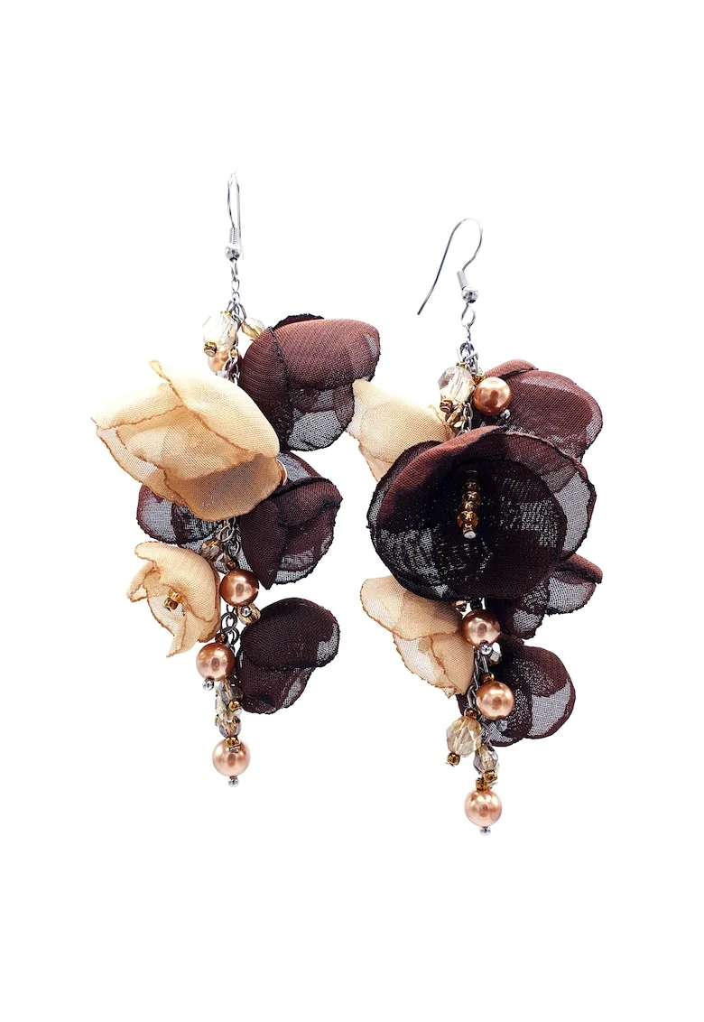 Cercei lungi statement, Zia Fashion, flori din voal, perle Mallorca si inox, handmade