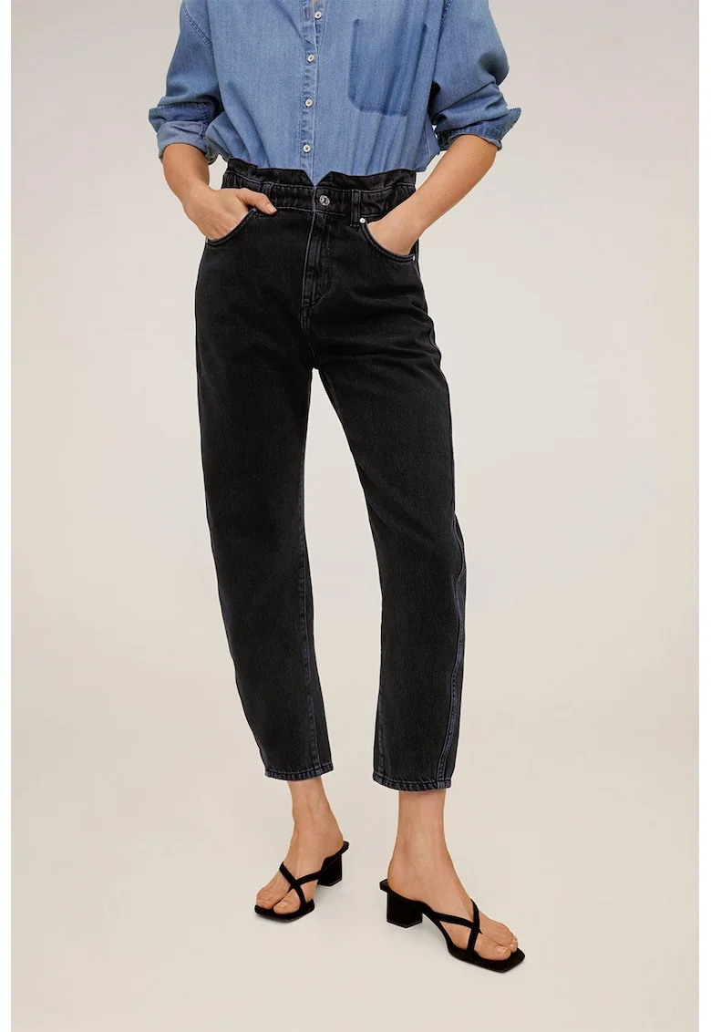 Blugi crop cu talie inalta Slouchy, Gri inchis