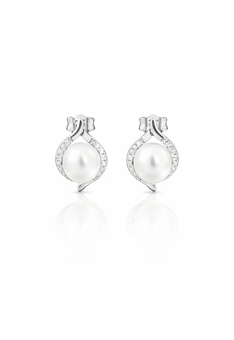 Cercei din aur alb 14K cu perle naturale si zirconia, 1, 5 cm, set disponibil
