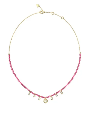 Colier cu pandantive cu cristale, Auriu/Fucsia