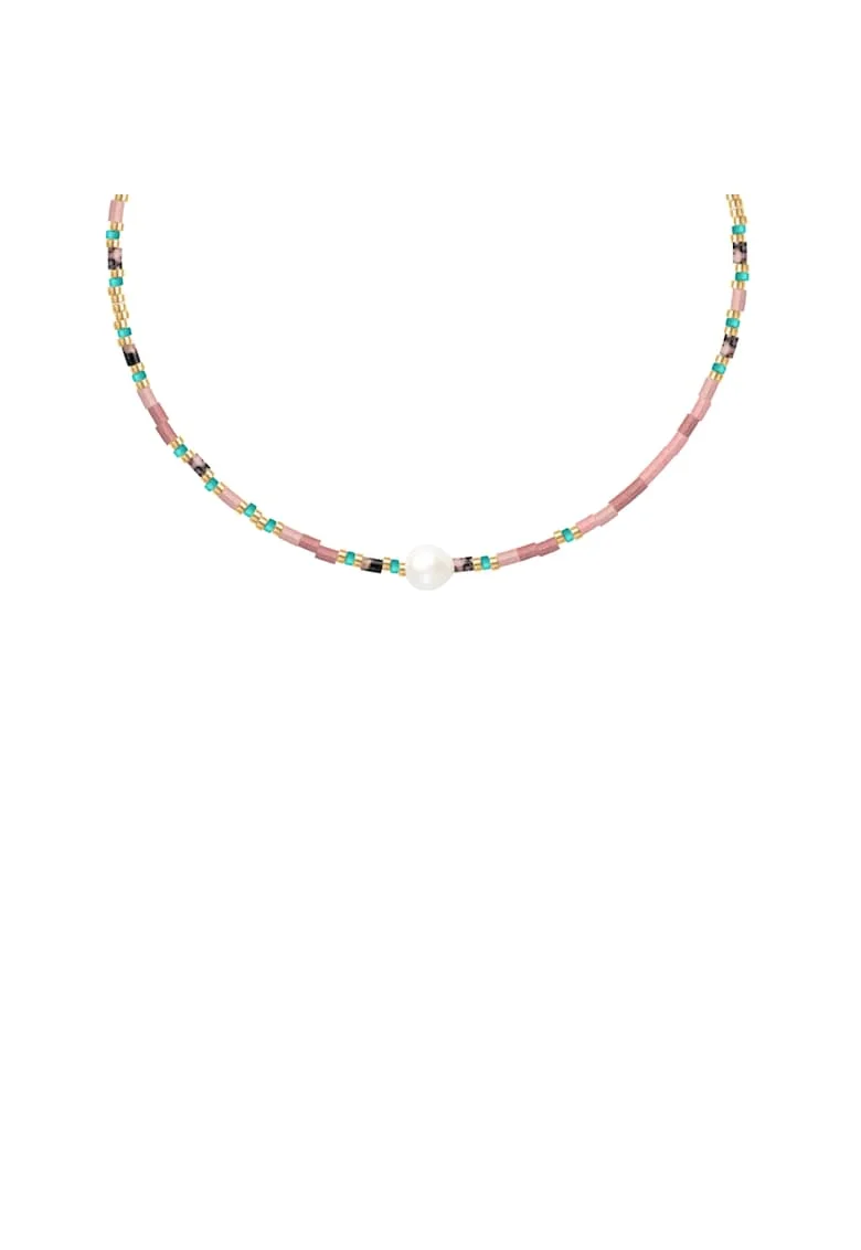 Colier placat cu aur de 18k, decorat cu pietre Miyuki, perle de cultura si pietre semipretioase