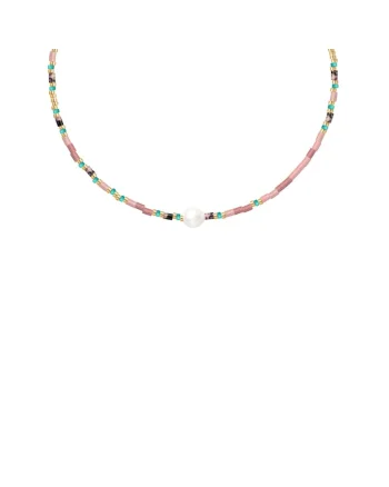 Colier placat cu aur de 18k, decorat cu pietre Miyuki, perle de cultura si pietre semipretioase