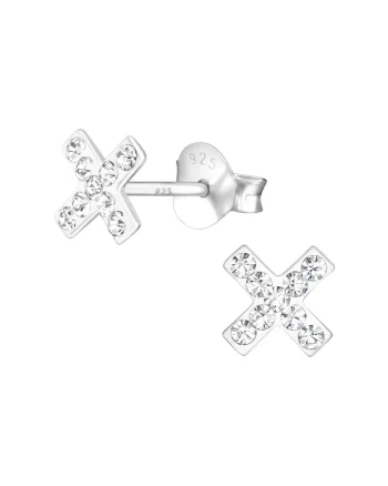 Cercei din Argint 925,  simbol X, cristale zirconia, 6x6mm