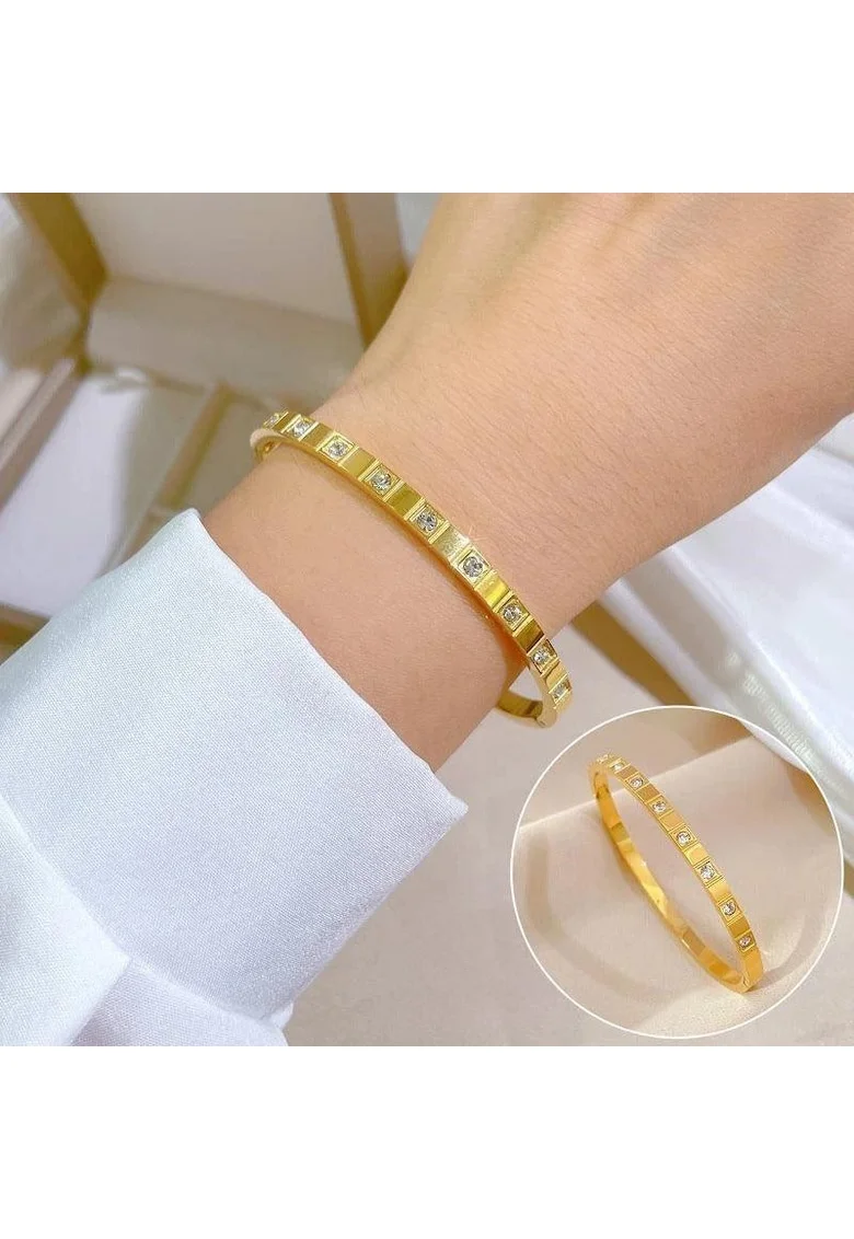 Bratara din otel inoxidabil, tip bangle, cu pietre din zirconiu, suflata cu aur 18k, C2, Auriu