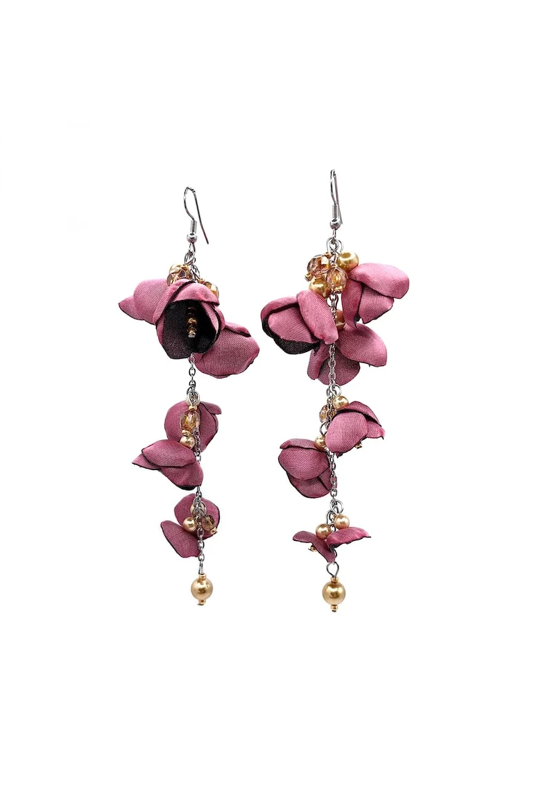 Cercei lungi flori din matase satinata,  Seduction, inox, elegant, roz
