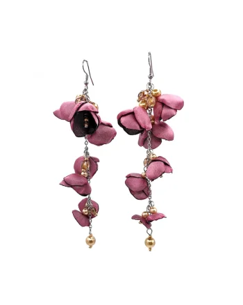 Cercei lungi flori din matase satinata,  Seduction, inox, elegant, roz