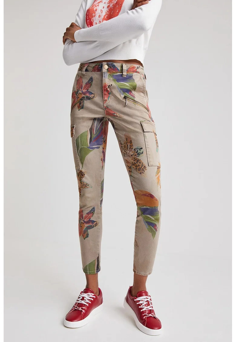 Pantaloni cargo cu talie inalta, Verde/Maro taupe deschis/Albastru