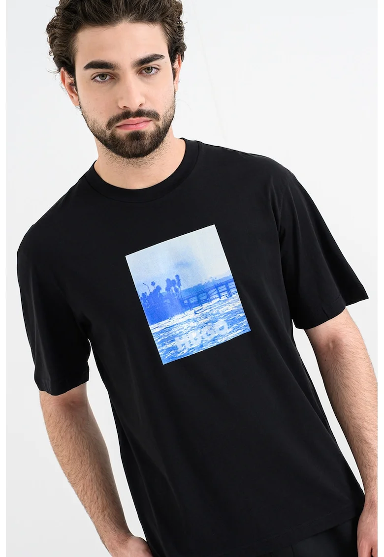 Tricou cu decolteu la baza gatului si imprimeu Noctornix, Negru/Albastru
