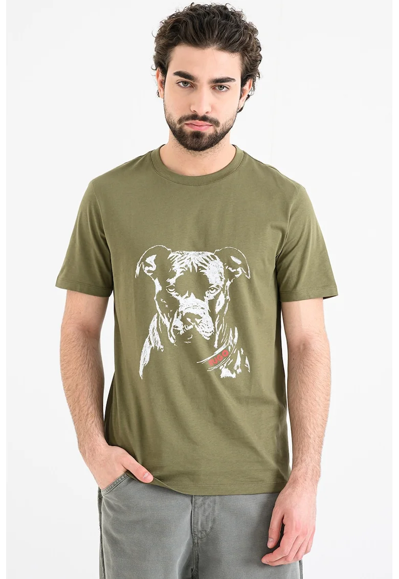 Tricou cu decolteu la baza gatului si design grafic Dubrox, Alb/Kaki inchis