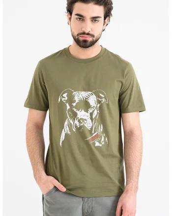Tricou cu decolteu la baza gatului si design grafic Dubrox, Alb/Kaki inchis