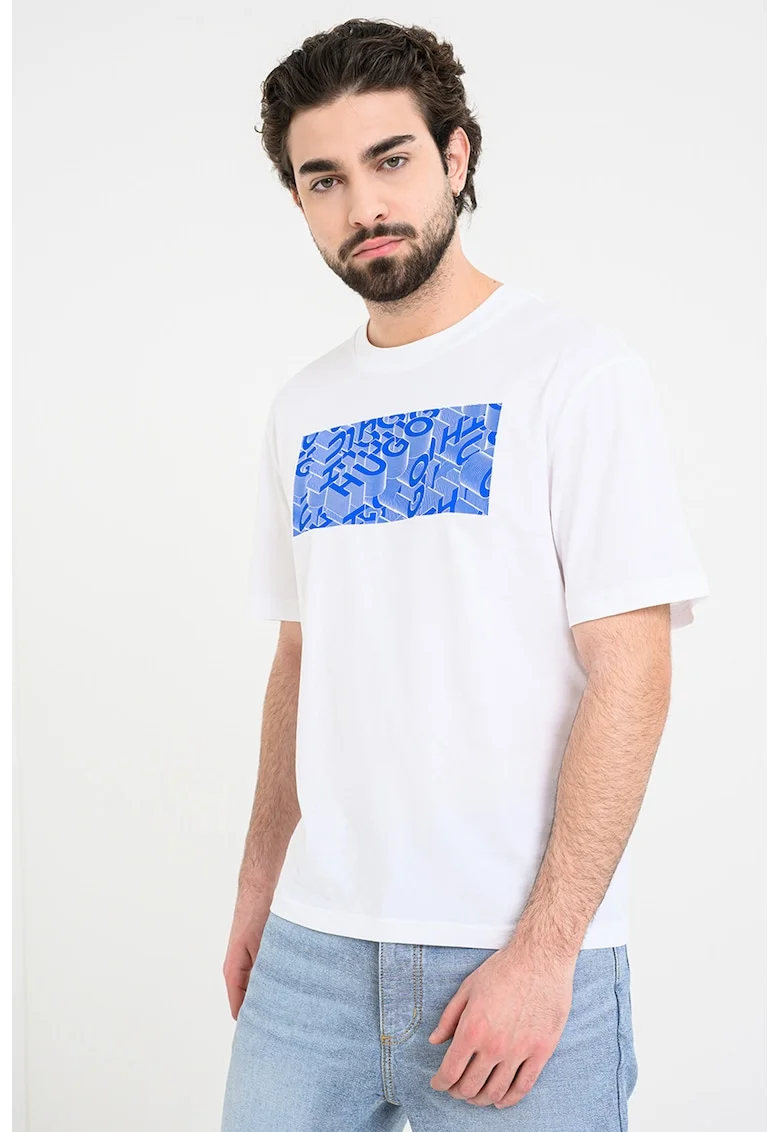 Tricou cu decolteu la baza gatului si imprimeu Noctornix, Alb/Albastru royal