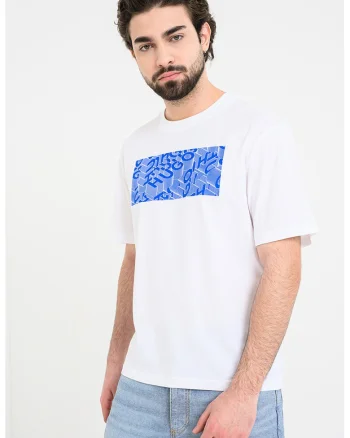 Tricou cu decolteu la baza gatului si imprimeu Noctornix, Alb/Albastru royal