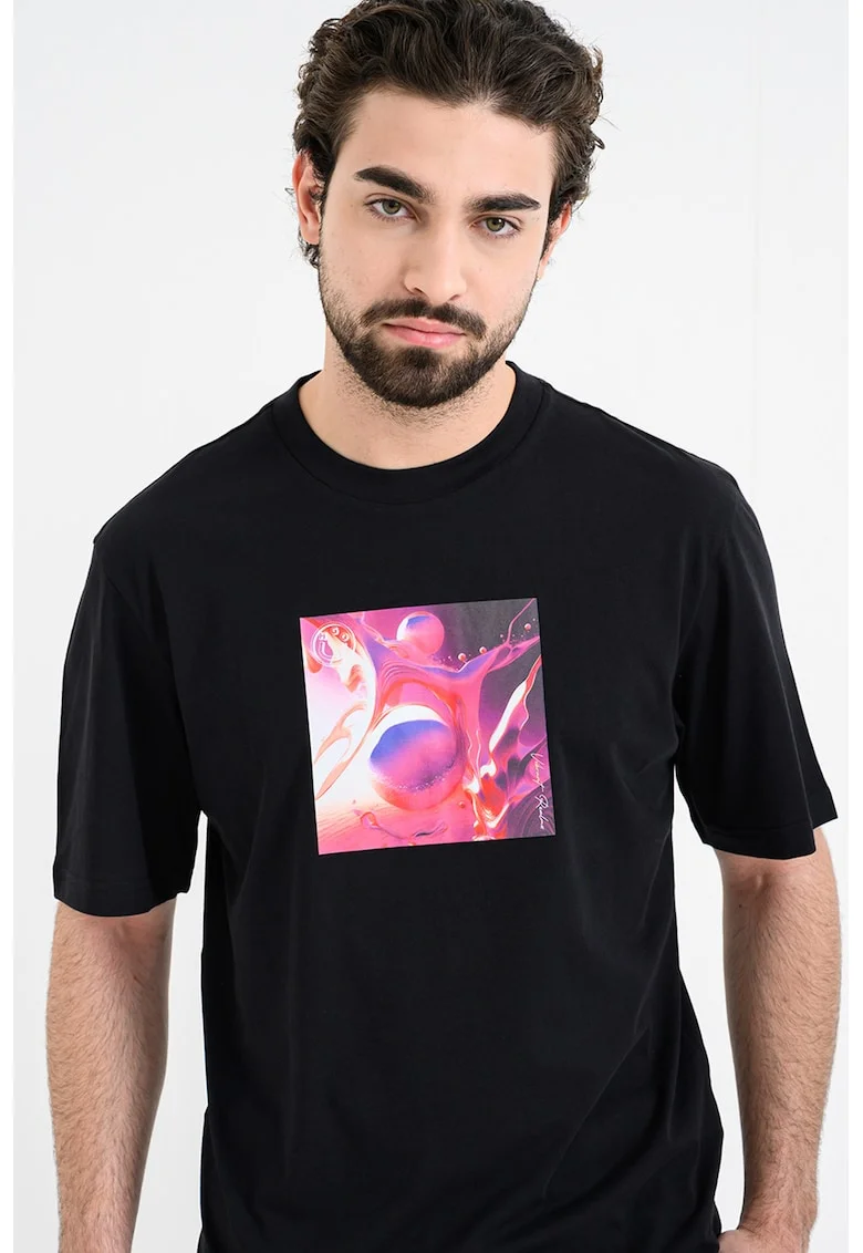 Tricou regular fit cu imprimeu frontal, Alb/Negru/Fucsia