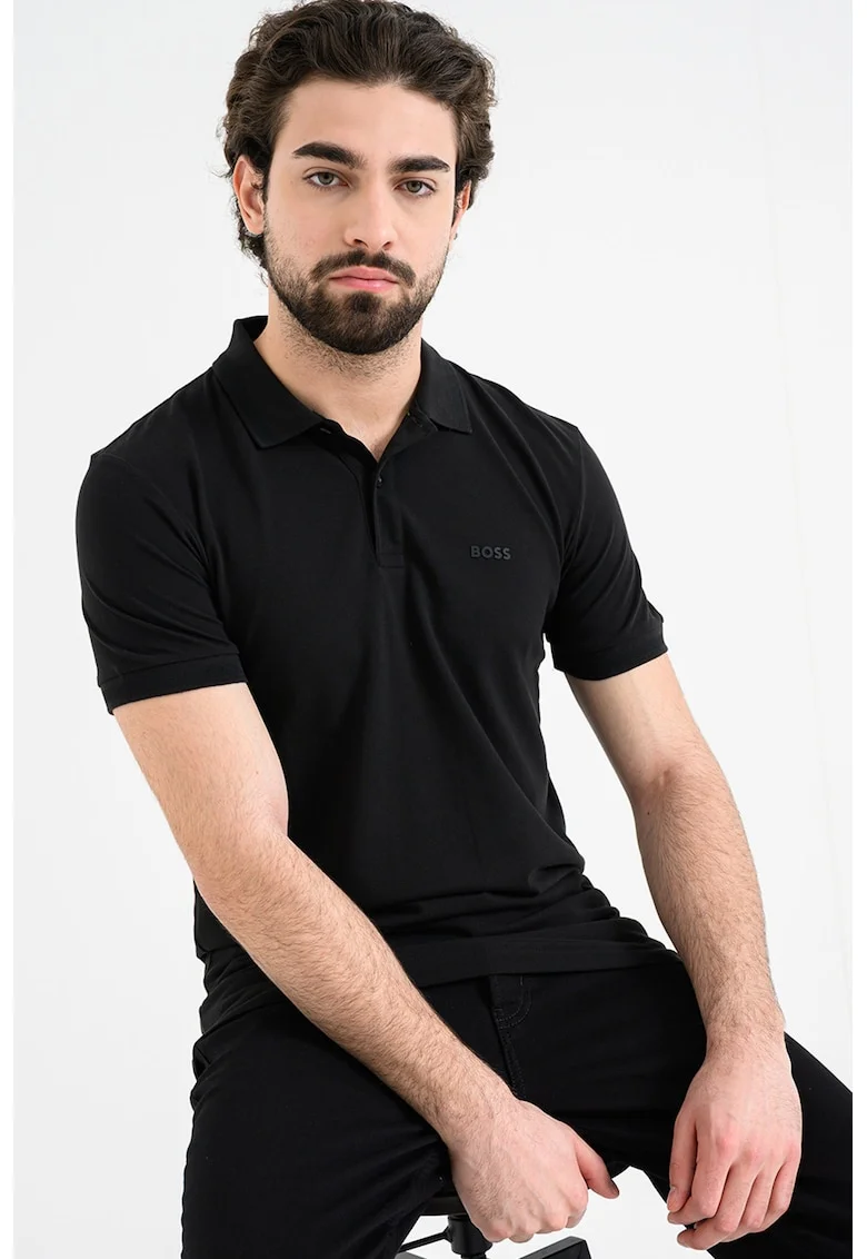 Tricou polo slim fit cu logo grafic, Negru