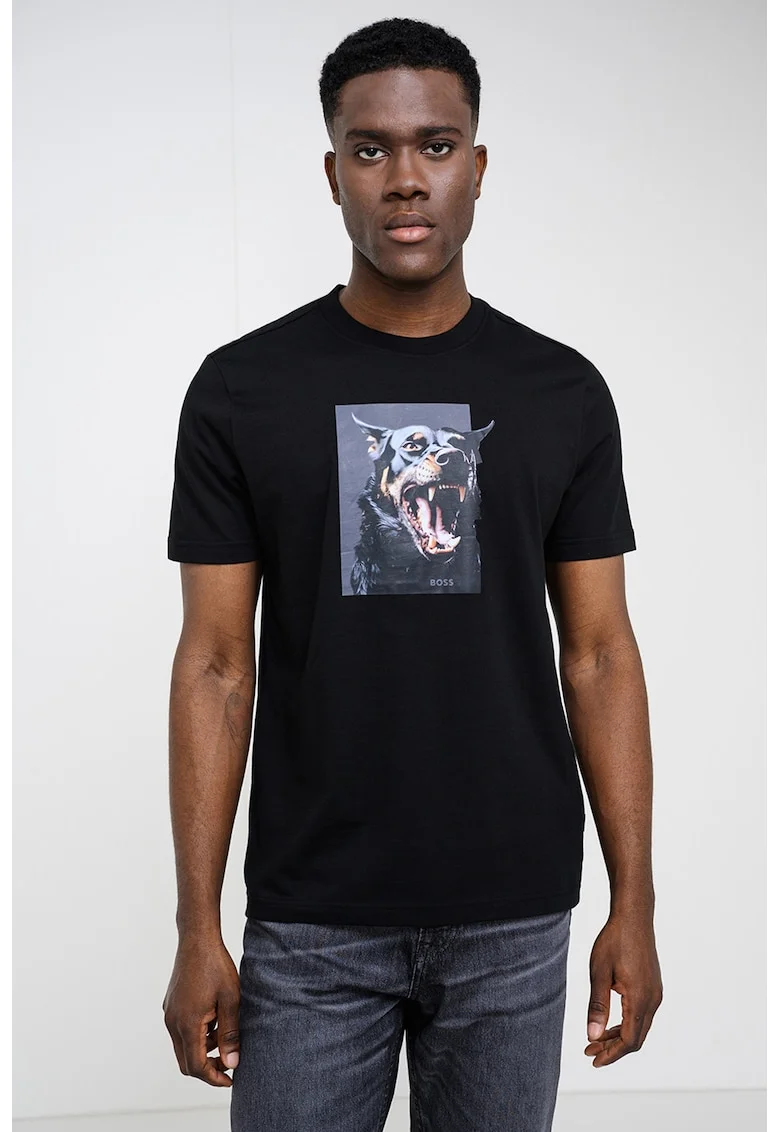 Tricou din amestec de bumbac cu imprimeu foto, Negru/Gri inchis