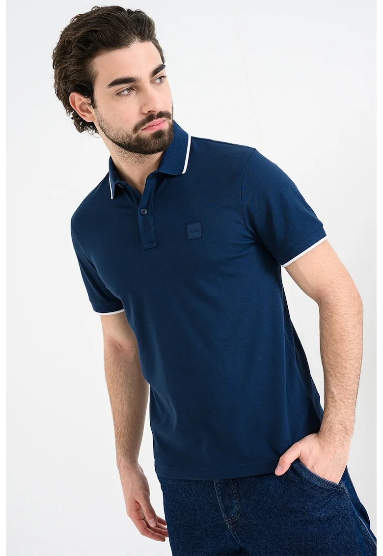 Tricou polo slim fit Passertip, Alb optic/Bleumarin
