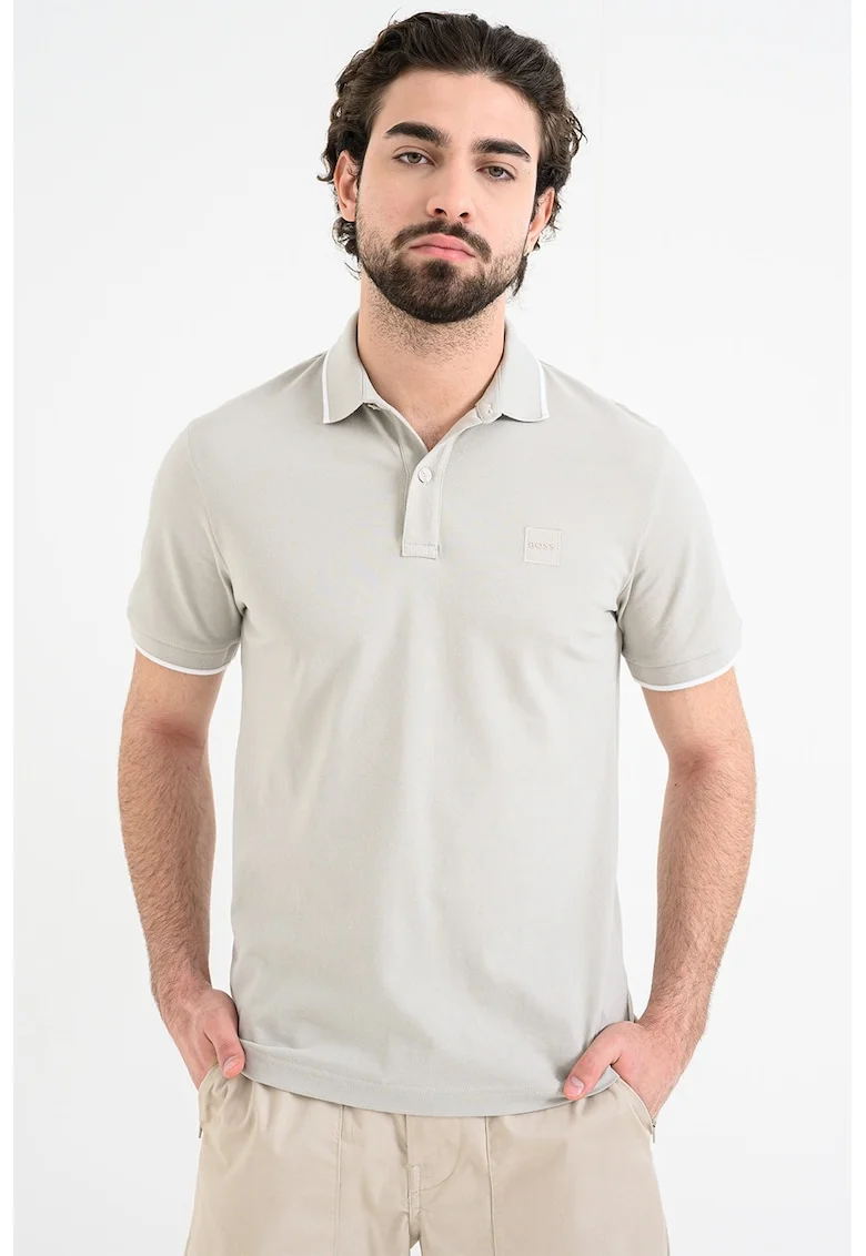 Tricou polo slim fit Passertip, Maro taupe deschis/Alb optic
