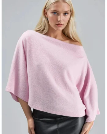 Bluza tricotata dama  decolteu barca, roz pudrat, poliester-viscoza-elastan