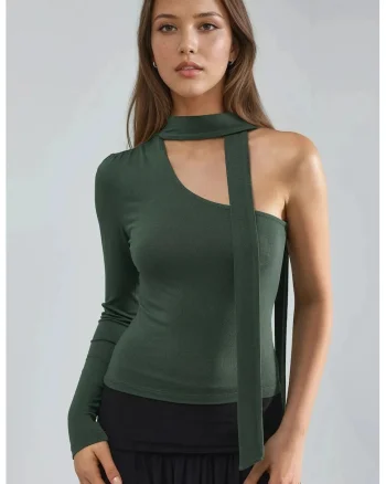 Bluza dama,  asimetrica, slim fit, kaki, viscoza-elastan