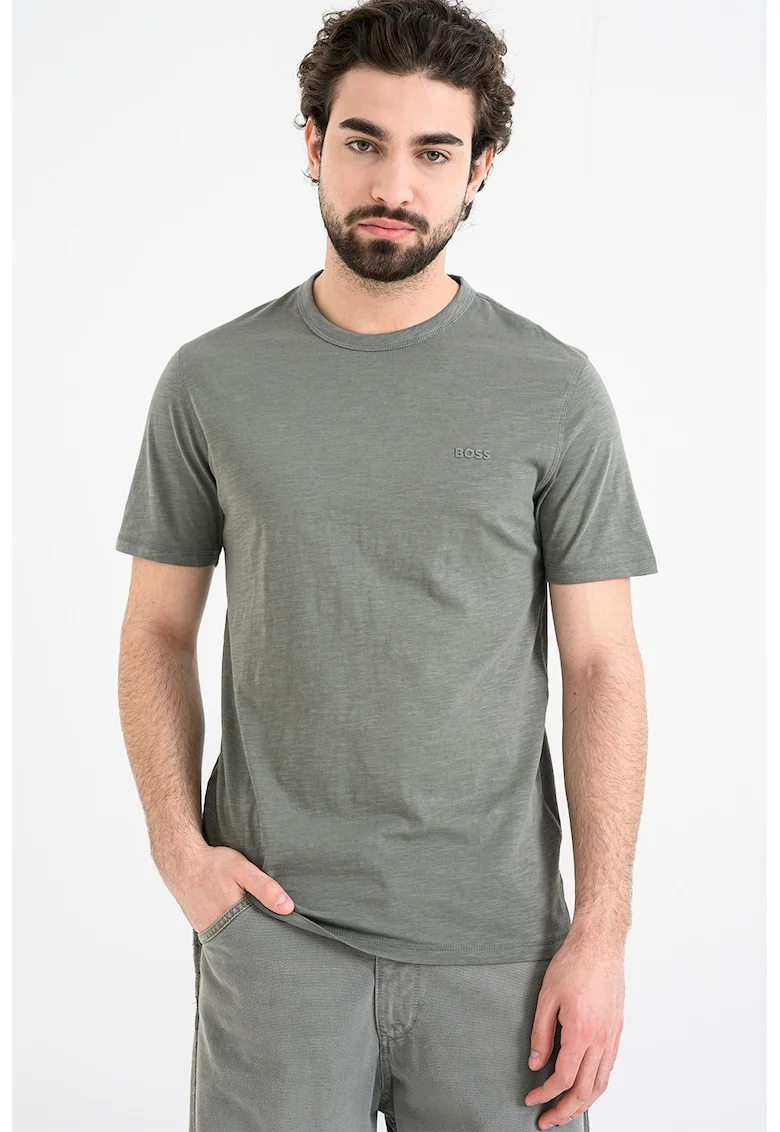 Tricou slim fit din bumbac Tegood, Verde melange inchis