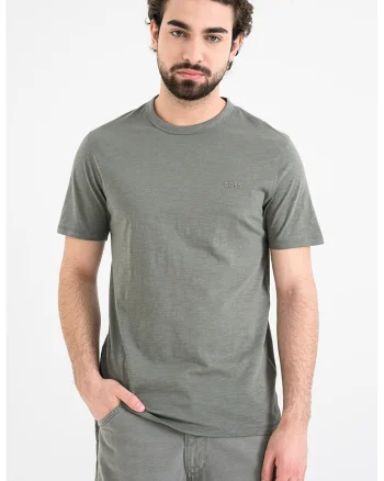 Tricou slim fit din bumbac Tegood, Verde melange inchis