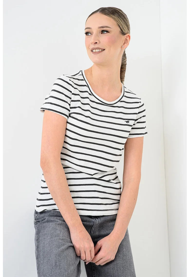 Tricou cu decolteu rotund si dungi, Negru/Alb murdar
