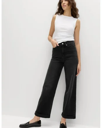 Blugi boyfriend cu terminatii plisate, Negru