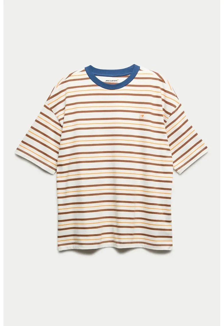 Tricou de bumbac cu dungi, Alb/Portocaliu/Bleumarin