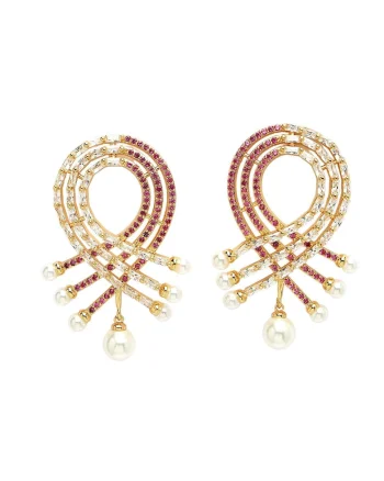 Cercei drop placati cu aur de 18K si decorati cu cristale si perle sintetice, Auriu/Roz
