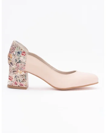 Pantofi de piele cu toc si detaliu floral, Crem