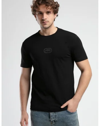 Tricou cu logo si decolteu la baza gatului, Negru