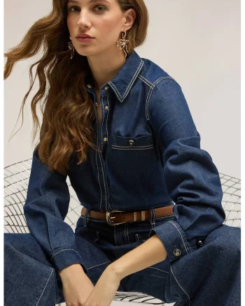 Camasa de denim cu buzunare pe piept, Albastru inchis melange