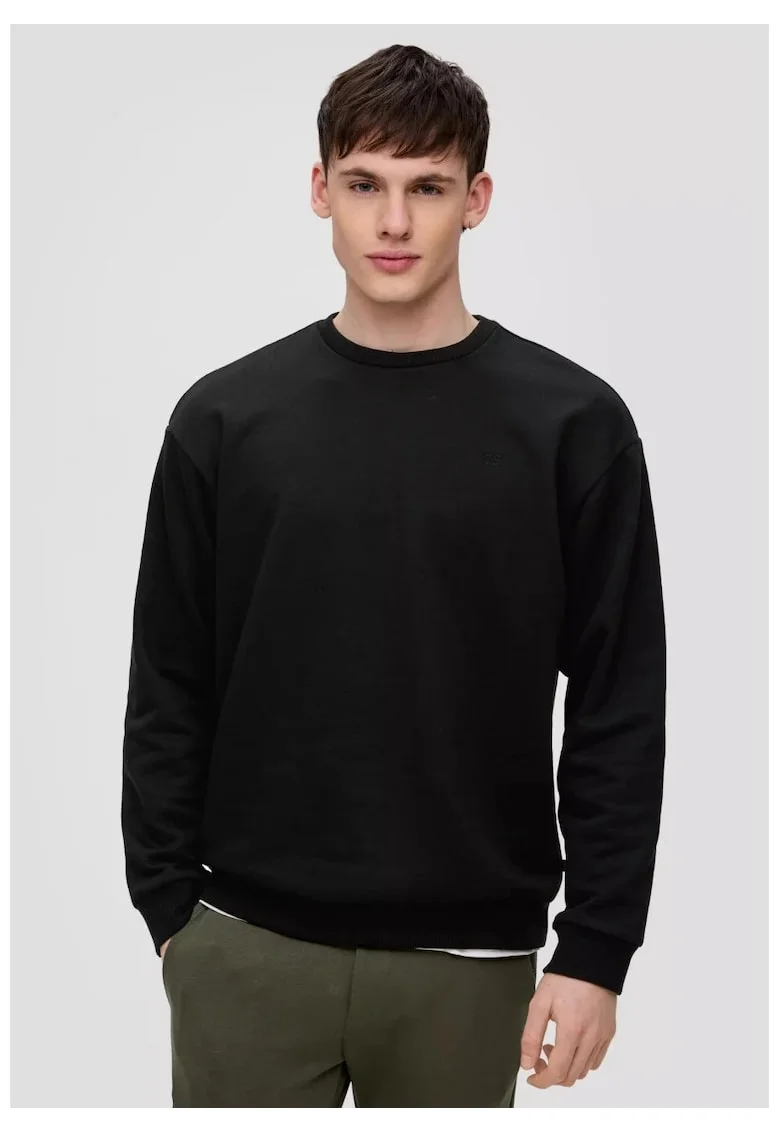 Q/S by s.Oliver Bluza barbati cu logo brodat, decolteu la baza gatului, Regular fit, Negru