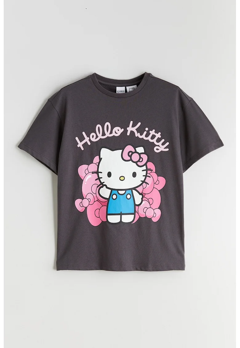 Tricou de bumbac cu imprimeu Hello Kitty, Alb/Roz pastel/Gri inchis