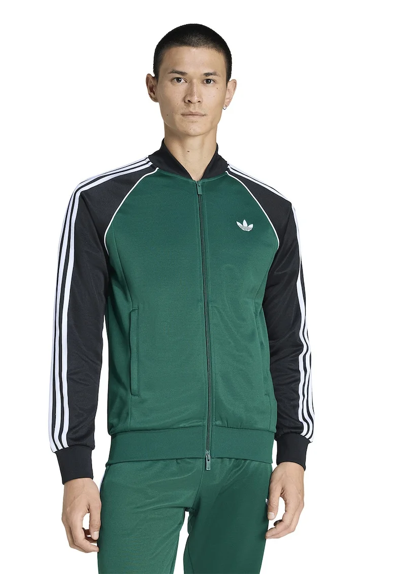 Bluza de trening cu fermoar si logo, Negru/Verde englez