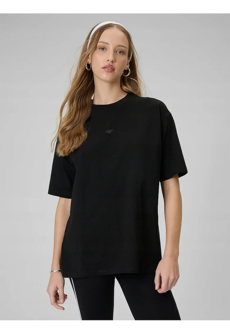 Tricou dama  negru, bumbac, croiala larga, design clasic