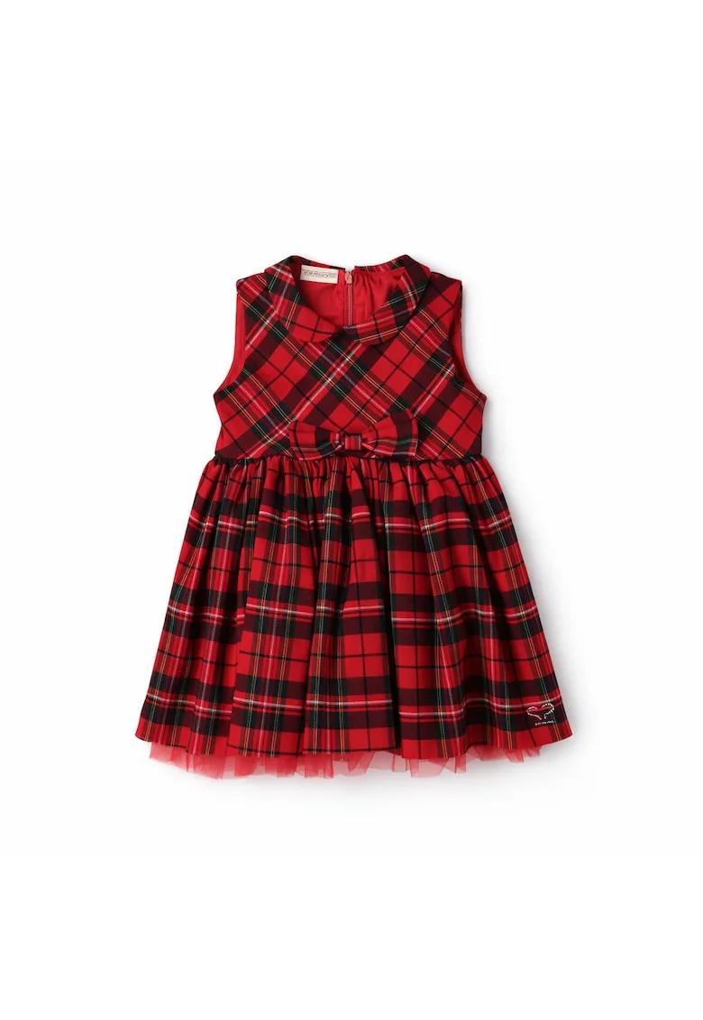 Rochie  pentru fete, model in carouri rosii, cu funda frontala si tulle, fara maneci