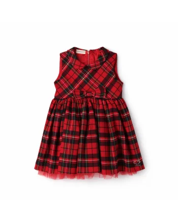 Rochie  pentru fete, model in carouri rosii, cu funda frontala si tulle, fara maneci