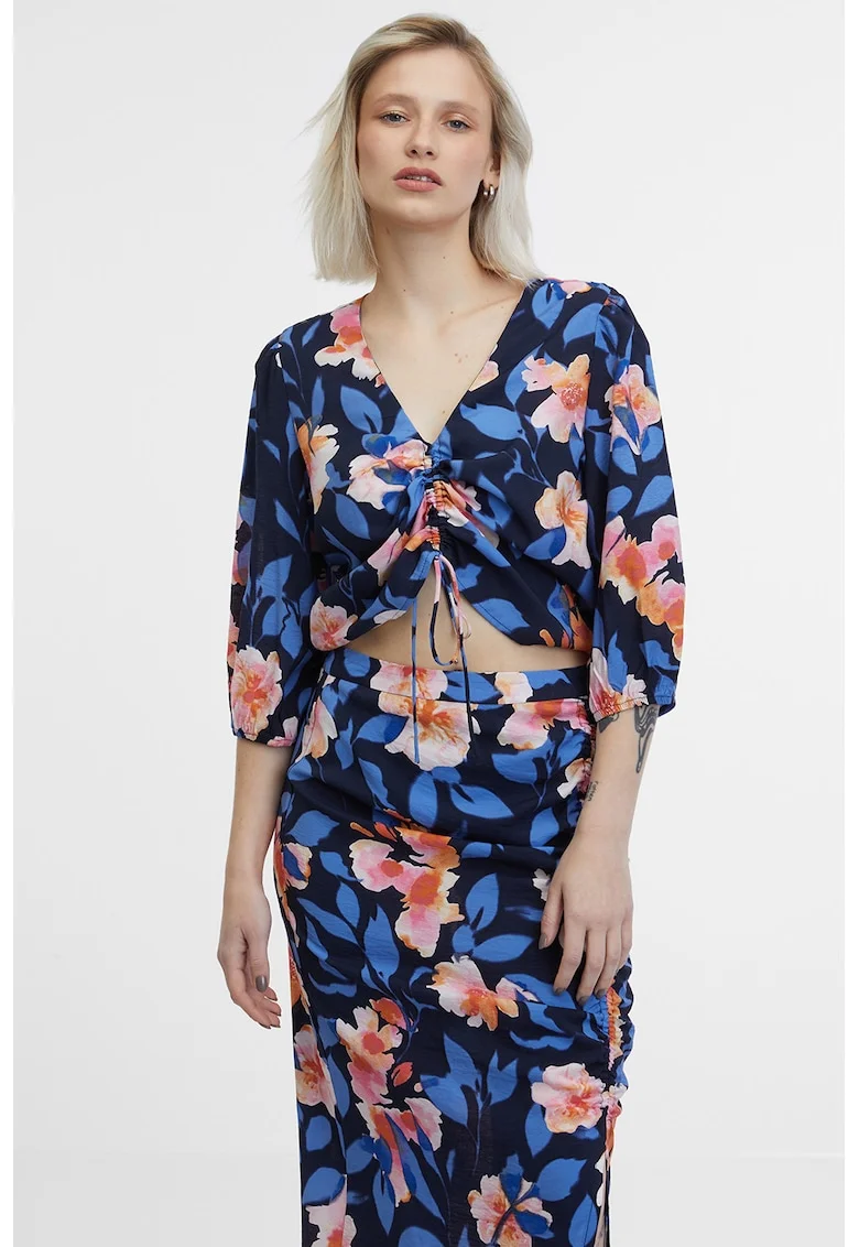 Bluza crop cu imprimeu floral, Piersica/Bleumarin