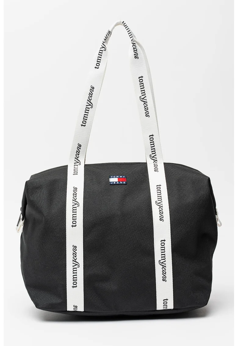 Geanta tote de piele cu fermoar si maner cu logo, Negru