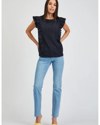 Bluza brodata cu garnituri cu volane, Bleumarin