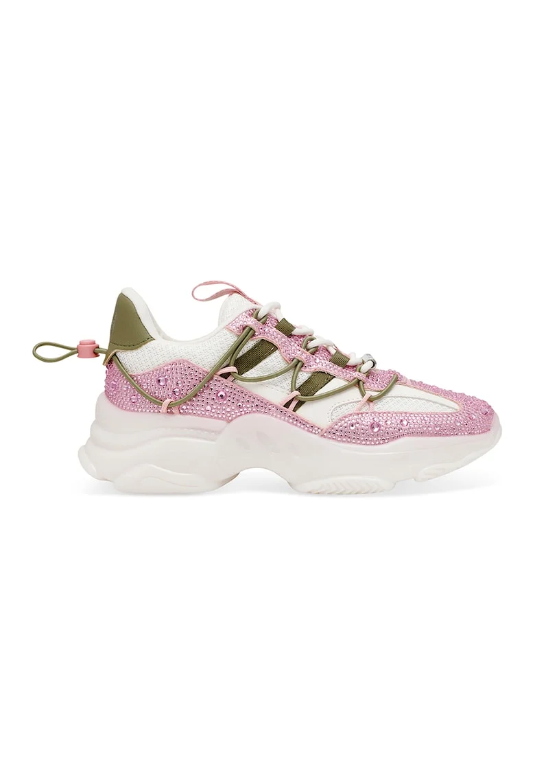 Pantofi sport cu talpa wedge si strasuri Magneto-R-E, Alb/Roz pastel/Verde masliniu