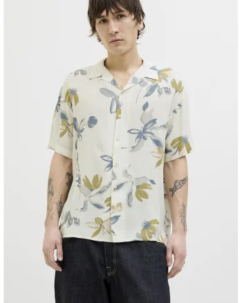 Camasa cu model floral, Alb fildes/Albastru lavanda/Verde masliniu