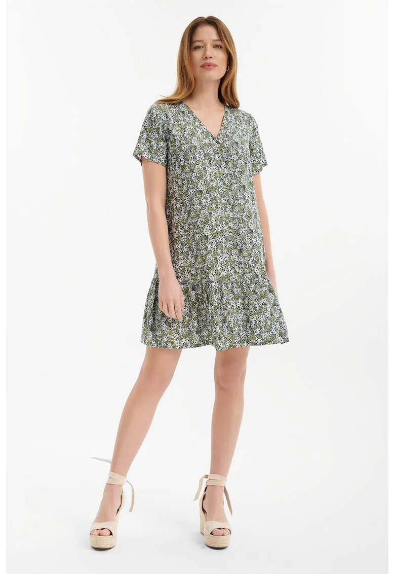 Rochie mini cu decolteu in V si model floral, Verde masliniu/Albastru deschis