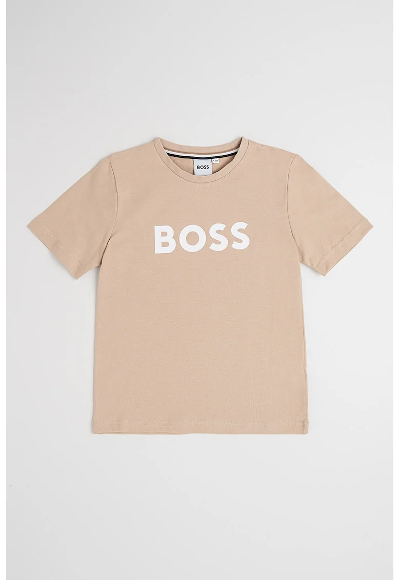 Tricou din bumbac cu imprimeu logo si decolteu la baza gatului, Maro camel