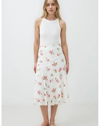 Fusta midi cu model floral, Verde masliniu/Alb murdar/Roz