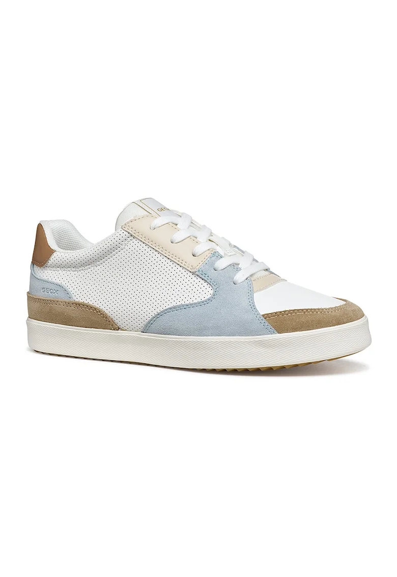 Pantofi sport cu insertii din piele intoarsa, Alb/Maro/Albastru deschis